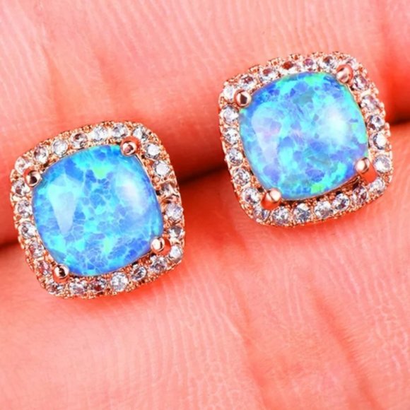 NEW 18K Rose Gold Blue Opal Diamond Halo Earrings - Picture 2 of 6